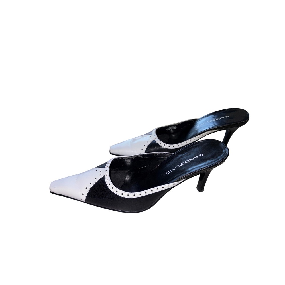 Kitten Heels Y2K Retro Bandolino Women 7M Black White Pointed Toe Mules Leather